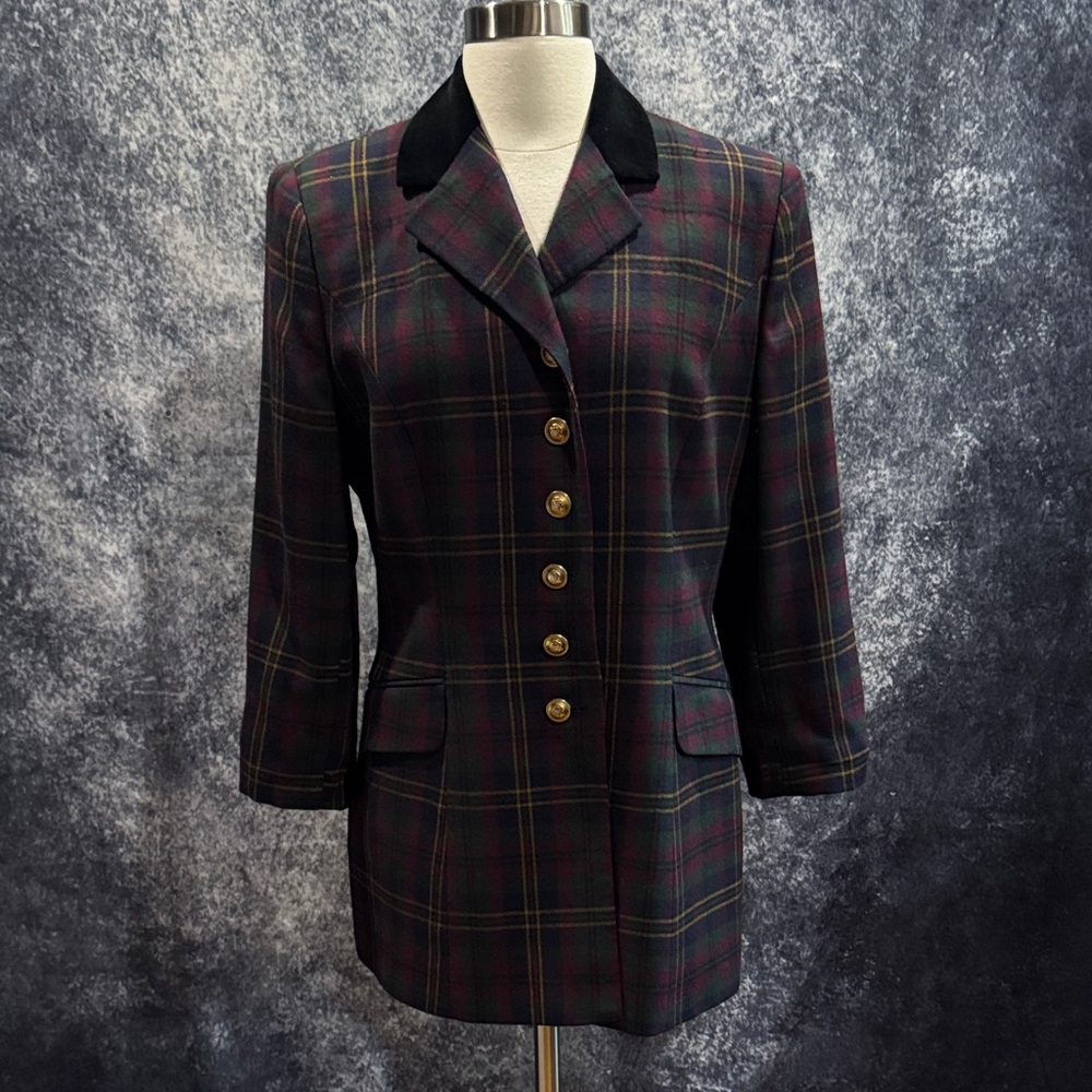 Ralph Lauren vintage tartan plaid wool fitted blazer w black velvet collar